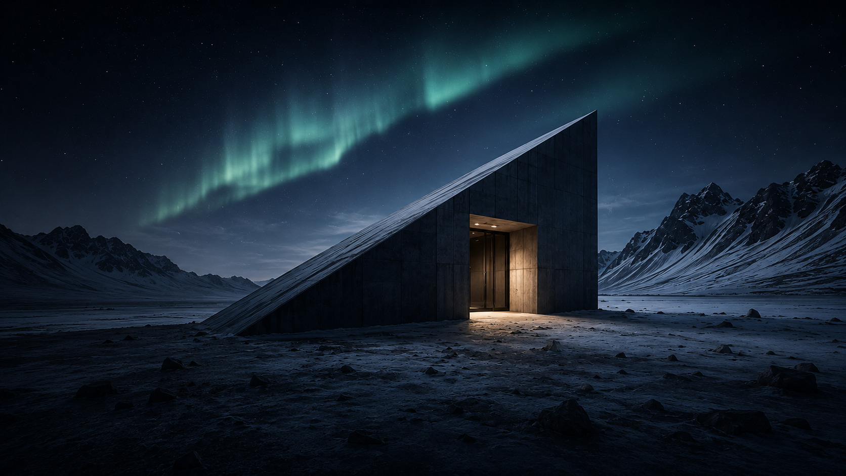A monolithic concrete vault with a lit doorway beneath the northern lights in an Arctic landscape near Tromsø